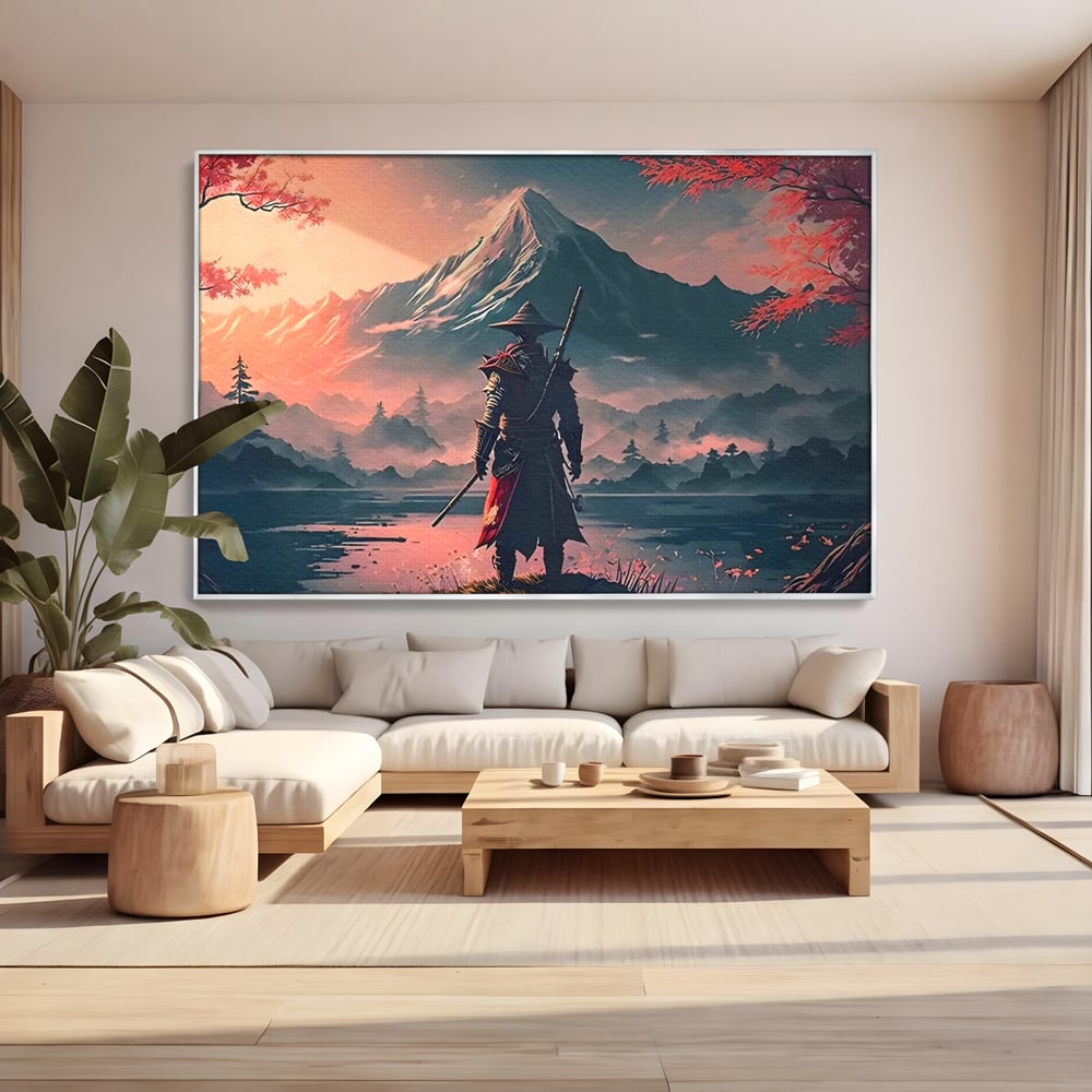 Tablou canvas cu samurai cu sabie pe malul lacului, in rama de aluminiu argintiu, pe perete intr-un living